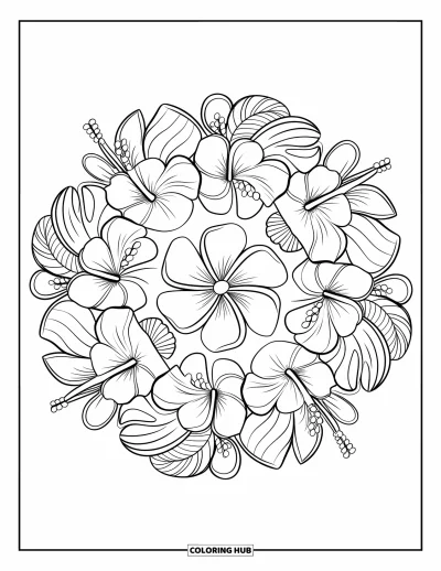 Coloriage Hawaï pour adultes : Un mandala audacieux mélange des motifs d'hibiscus, de monstera et de plumeria