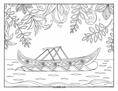 Coloriage Hawaï pour adultes : Une pirogue repose sur une eau calme entourée de volutes botaniques détaillées