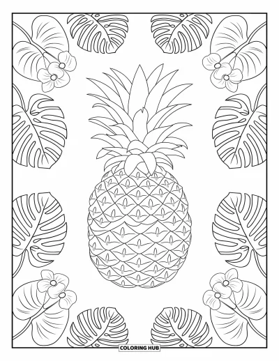 Coloriage Hawaï pour adultes : Un ananas central est encerclé de spirales de feuilles et de motifs floraux
