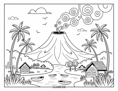 Coloriage Hawaï pour adultes : Un volcan joyeux souffle de la fumée en spirale dans une vallée douillette avec des cases et des palmiers