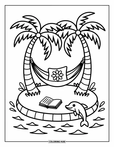 Coloriage Hawaï pour adultes : Un hamac douillet avec un oreiller et un carnet se balance entre les arbres sur une petite île