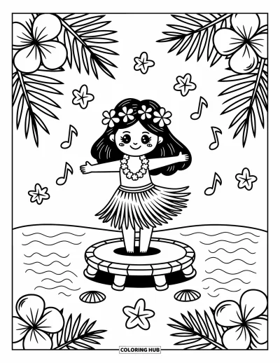 Coloriage Hawaï pour adultes : Une jolie danseuse hula danse sous des feuilles de palmier avec les vagues de l'océan en arrière-plan