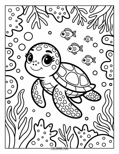 Coloriage Hawaï pour adultes : Une adorable tortue souriante nage avec des poissons près de plantes coralliennes accueillantes