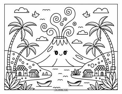 Coloriage Hawaï pour adultes : Un volcan charmant avec une légère fumée se trouve près de cases et de pirogues dans une vallée tropicale