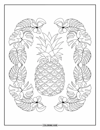 Coloriage Hawaï pour adultes : Un ananas richement détaillé est encadré de feuilles ondoyantes et de fleurs tropicales