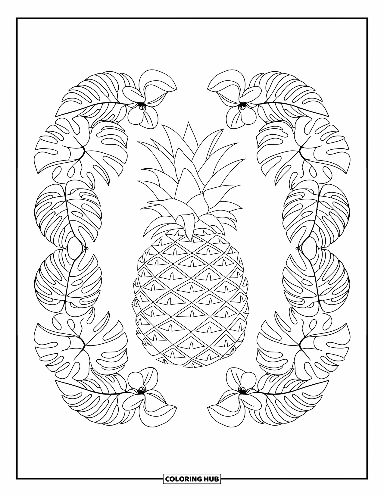 Hawaii Coloring Page for Adults: A detailed pineapple is framed by flowing leaves and tropical flower designs