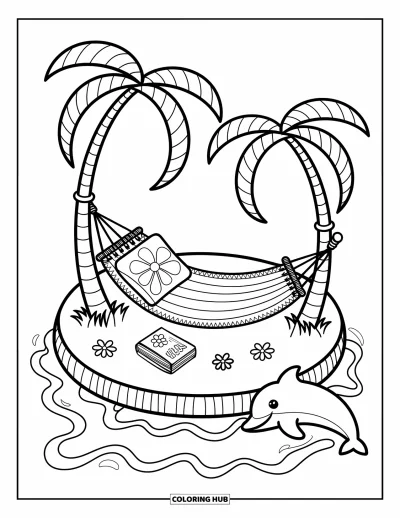 Coloriage Hawaï pour adultes : Un dauphin bondit près d'une île avec un hamac, des vagues légères et des palmiers courbés