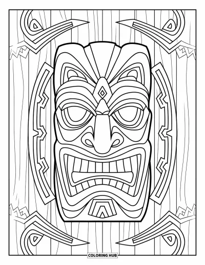 Coloriage Hawaï pour adultes : Un masque tiki expressif est entouré de cercles, de triangles et de courbes tribales