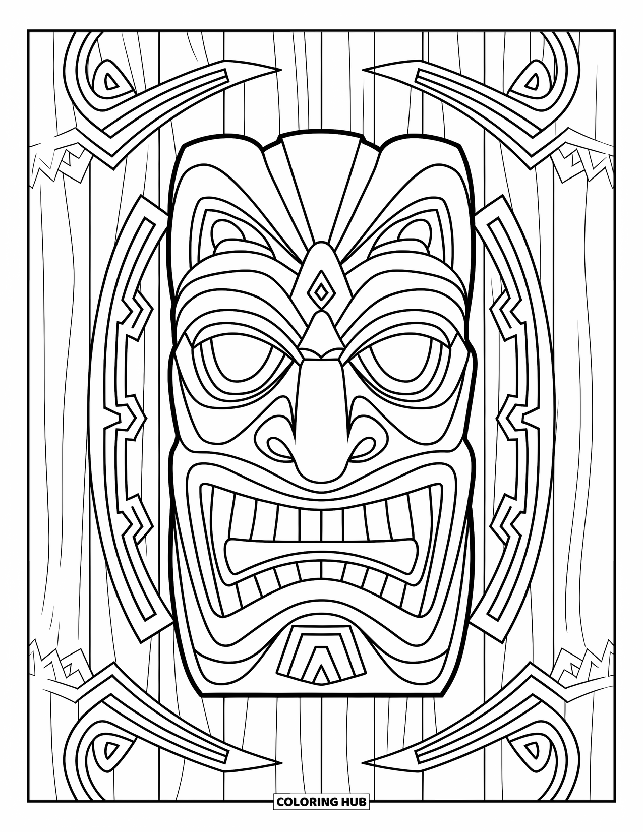 Hawaii Coloring Page for Adults: A fierce tiki mask is framed with circles, triangles, and tribal curves