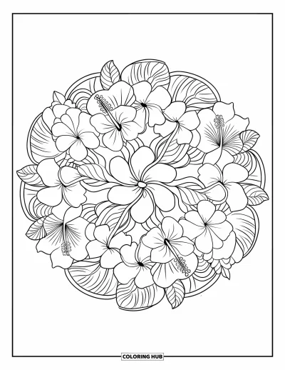 Coloriage Hawaï pour adultes : Un mandala floral s'épanouit avec des hibiscus, des plumeria et des feuilles de monstera