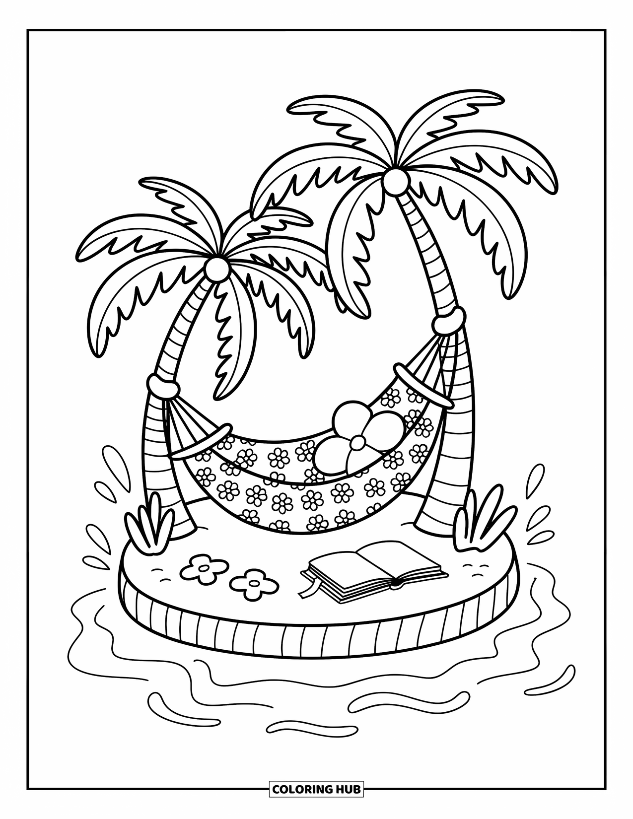 Hawaii Coloring Page for Adults: A flower-patterned hammock sways between trees as a dolphin splashes nearby