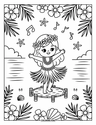 Coloriage Hawaï pour adultes : Une danseuse en jupe de paille se produit sur une scène en bambou entourée de fleurs et de coquillages
