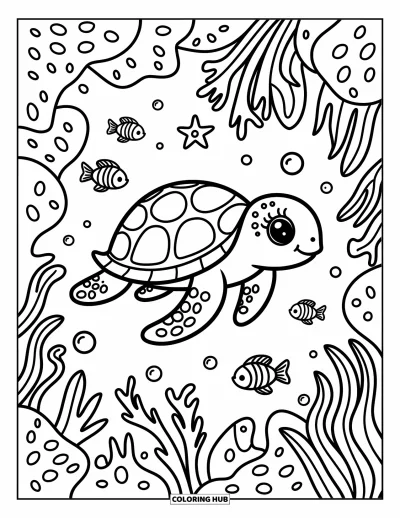 Coloriage Hawaï pour adultes : Une tortue heureuse nage paisiblement parmi des coraux, des poissons et des bulles flottantes