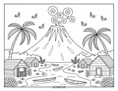Coloriage Hawaï pour adultes : Un volcan souriant avec des oiseaux et des cases se trouve près d'une rivière calme et de palmiers