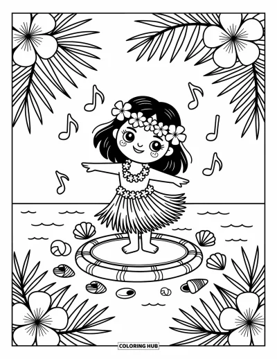 Coloriage Hawaï pour adultes : Une danseuse hula se produit entourée de noix de coco, de vagues et de notes de musique espiègle