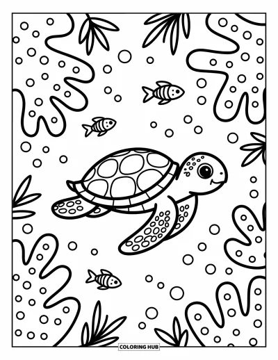Coloriage Hawaï pour adultes : Une tortue attachante glisse doucement devant des coraux et des bulles dans une scène sous-marine chaleureuse