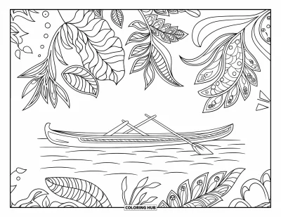 Coloriage Hawaï pour adultes : Une scène de pirogue apaisante avec des feuilles tourbillonnantes et des motifs de mandala tropical