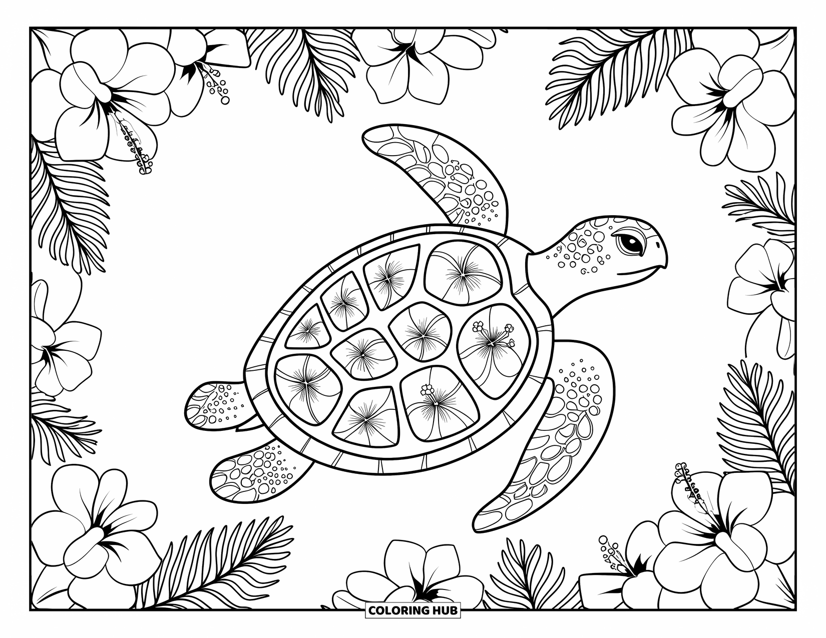 Hawaii Coloring Page for Adults: A peaceful turtle with a floral shell is surrounded by rings of island flowers