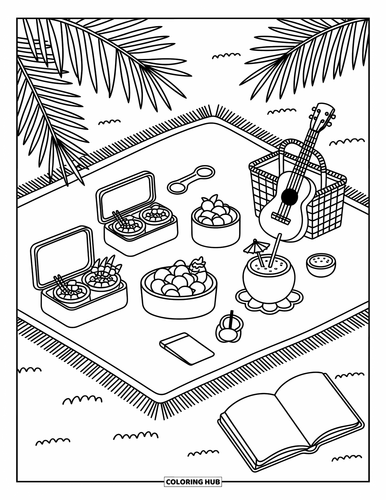 Hawaii Coloring Page for Adults: A picnic blanket holds poke bowls, fruit, and coconut drinks under palm fronds