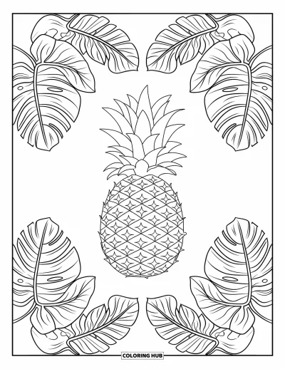 Coloriage Hawaï pour adultes : Un ananas central est entouré d'un tourbillon de feuilles de monstera et de pétales d'orchidées