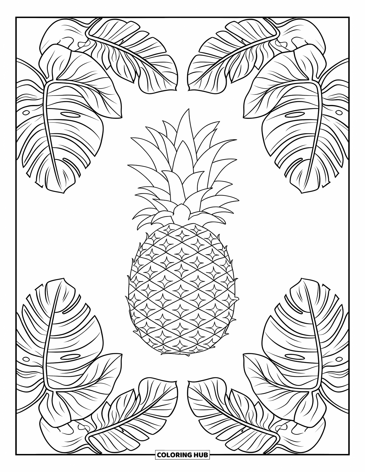 Hawaii Coloring Page for Adults: A pineapple is centered in a swirl of monstera leaves and orchid petals