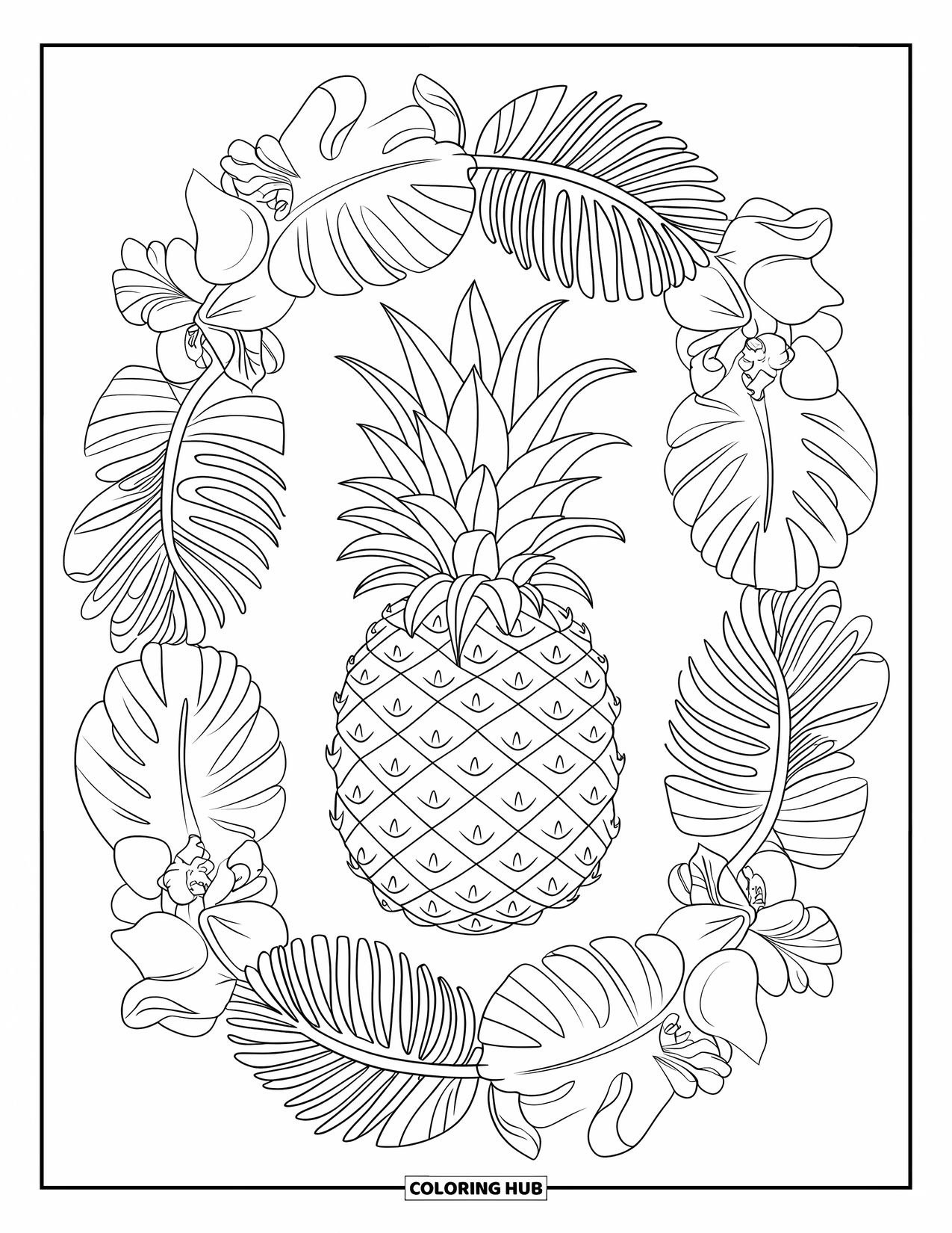 Hawaii Coloring Page for Adults: A pineapple sits at the center of leafy spirals and orchid petals