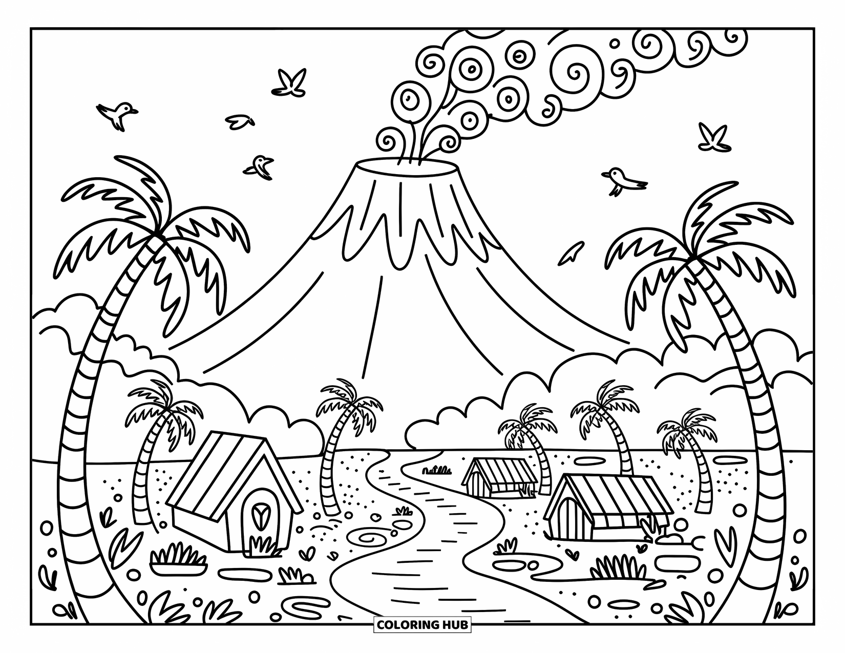 Hawaii Coloring Page for Adults: A rounded volcano puffs gentle smoke near palm trees, huts, and tiny canoes
