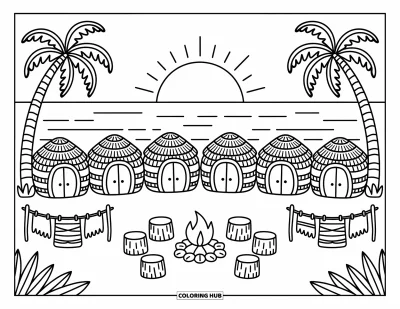Coloriage Hawaï pour adultes : Une rangée de cases fait face à la plage au coucher du soleil avec des arbres ondulants et un feu chaleureux