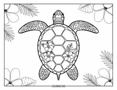 Coloriage Hawaï pour adultes : Une tortue de mer aux motifs floraux sur la carapace repose parmi des anneaux de fleurs tropicales