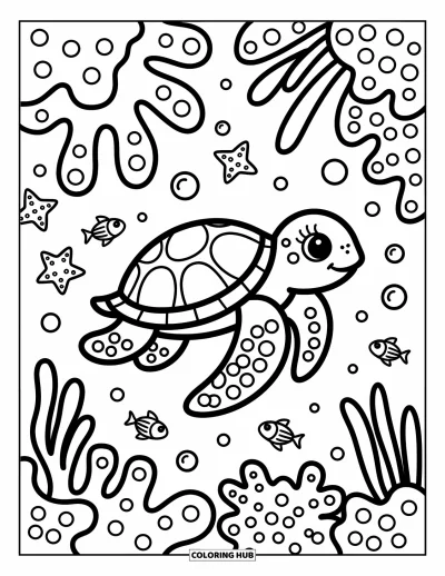 Coloriage Hawaï pour adultes : Une tortue de mer souriante glisse dans un récif corallien avec de petits poissons et des bulles