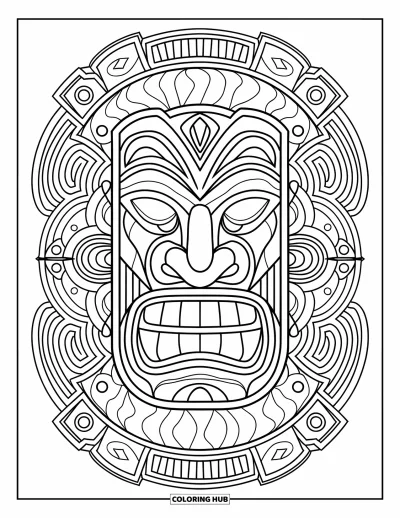 Coloriage Hawaï pour adultes : Un masque tiki trône au centre de motifs tribaux aux lignes courbes et affirmées