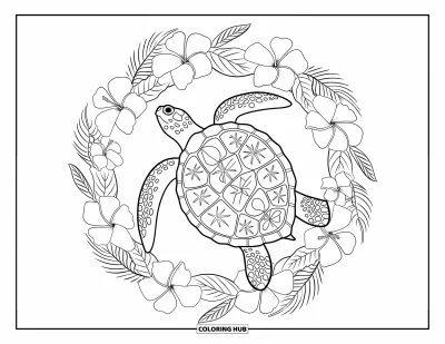 Coloriage Hawaï pour adultes : Une tortue à la carapace fleurie est entourée d'anneaux concentriques de fleurs insulaires