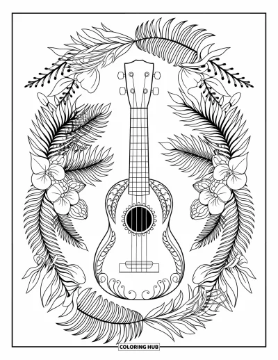 Coloriage Hawaï pour adultes : Un ukulélé trône au centre de mandala en spirale de fougères et d'orchidées