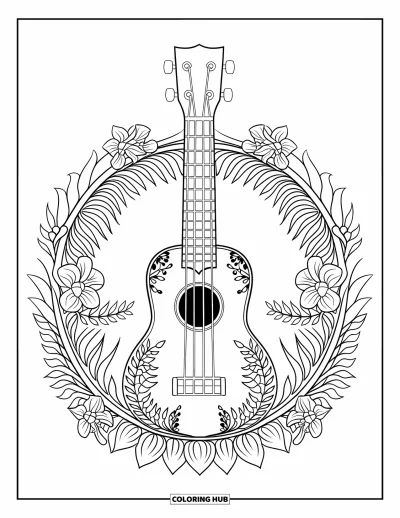 Coloriage Hawaï pour adultes : Un ukulélé ornemental repose parmi des anneaux de mandala tropicaux de fougères et de fleurs