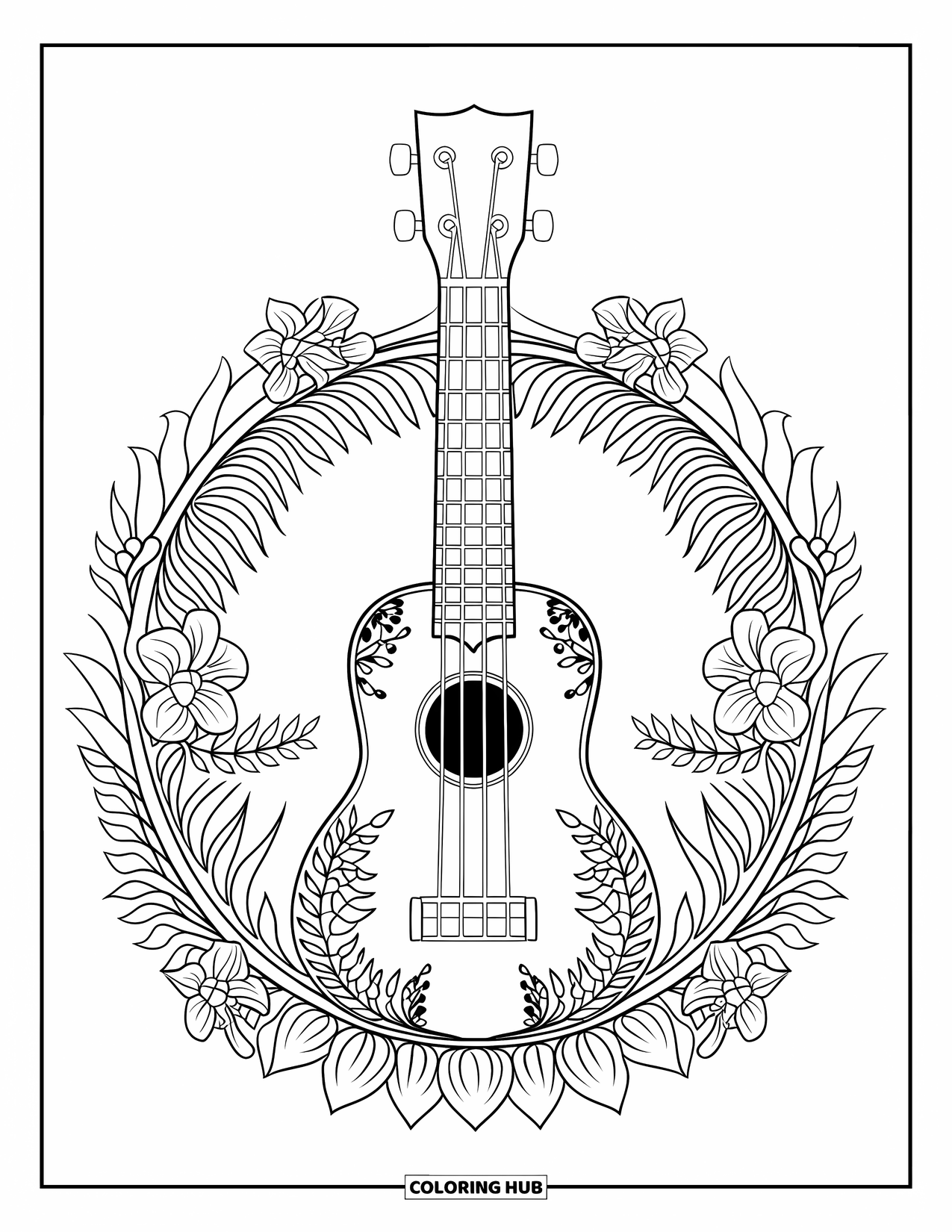 Hawaii Coloring Page for Adults: An ornate ukulele rests among tropical mandala rings of ferns and flowers
