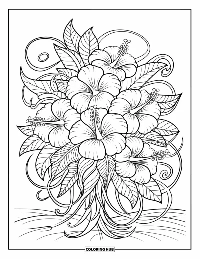 Coloriage Hawaï pour adultes : De grands hibiscus et des lianes tourbillonnent ensemble dans une composition apaisante