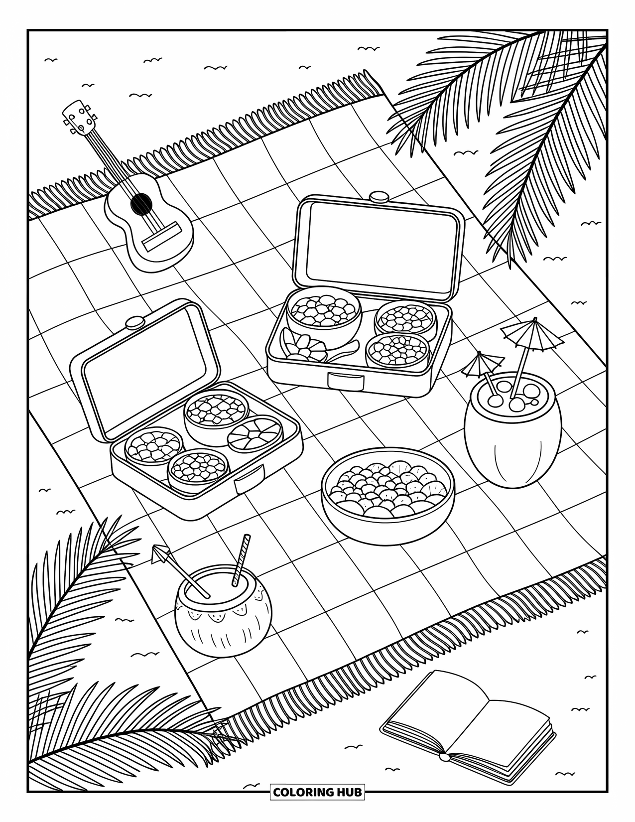Hawaii Coloring Page for Adults: Cute picnic foods and a ukulele sit on a blanket under swaying palm leaves