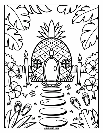 Coloriage Hawaï pour adultes : Des tongs reposent près d'une maison ananas entourée de fleurs et de torches tiki