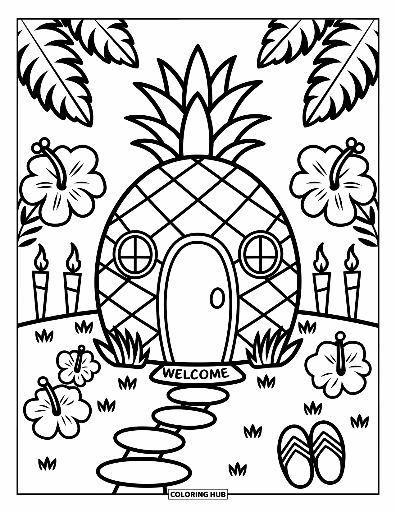 Hawaii Coloring Page for Adults: Hibiscus flowers and tiki torches surround a pineapple house with a thatched roof