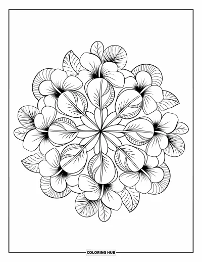 Coloriage Hawaï pour adultes : Des pétales et des feuilles finement travaillés forment un mandala floral tropical circulaire