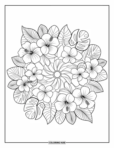 Coloriage Hawaï pour adultes : Des fleurs et des feuilles insulaires forment un mandala circulaire richement détaillé