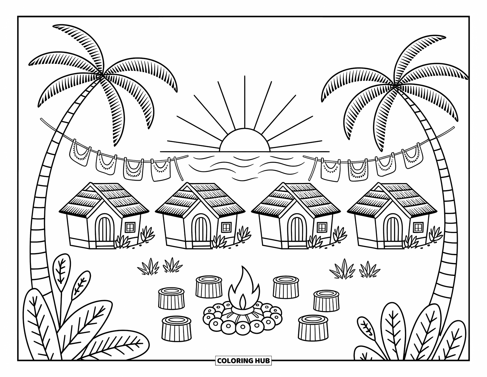Hawaii Coloring Page for Adults: Small huts, swaying palms, and a fire ring create a calm beachside evening