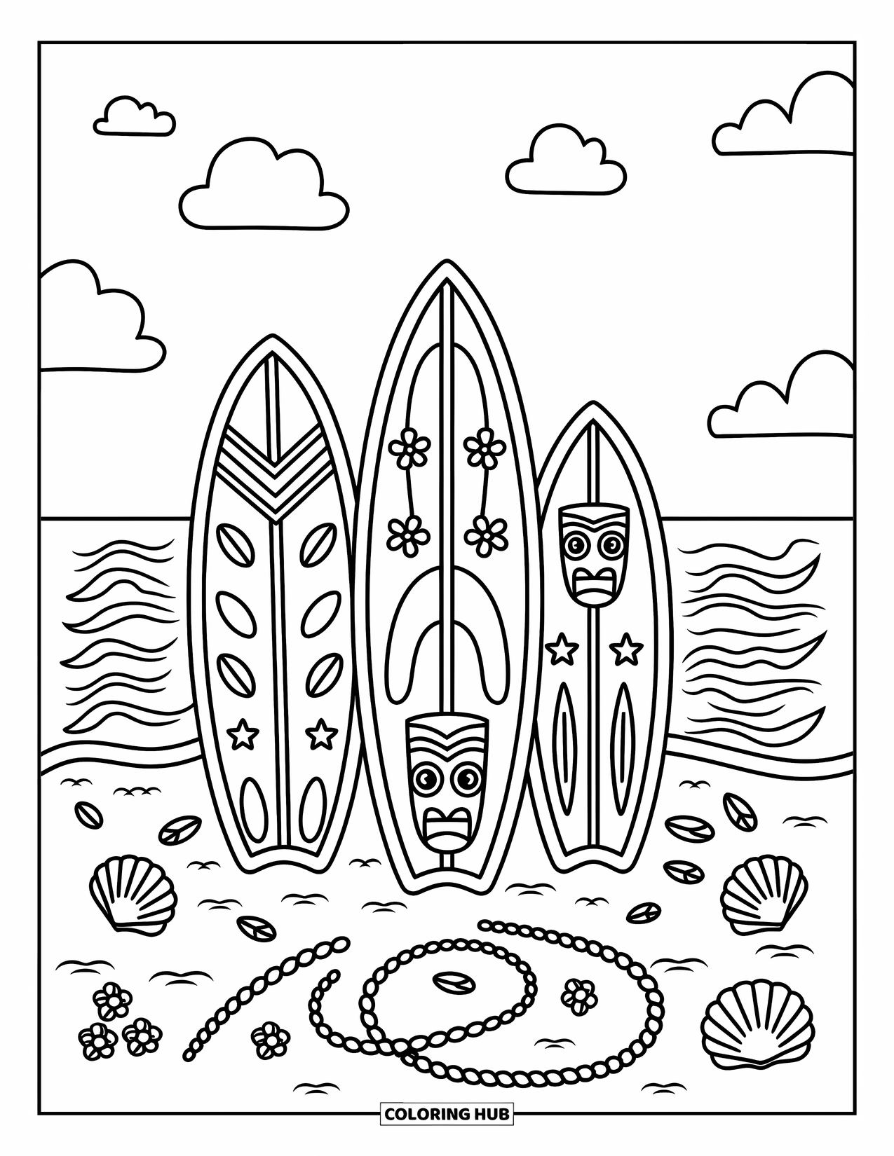 Hawaii Coloring Page for Adults: Surfboards, seashells, and a tiny boat float beneath fluffy flower-shaped clouds