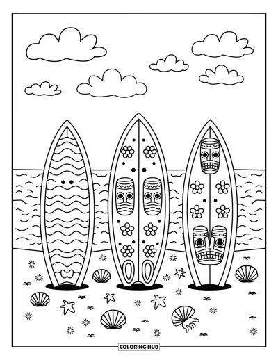 Coloriage Hawaï pour adultes : Des planches de surf aux jolis motifs reposent sur la plage près d'un petit voilier et des nuages fleuris
