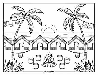 Coloriage Hawaï pour adultes : De petites cases sont installées près de la plage au coucher du soleil derrière des palmiers et des cordes à linge