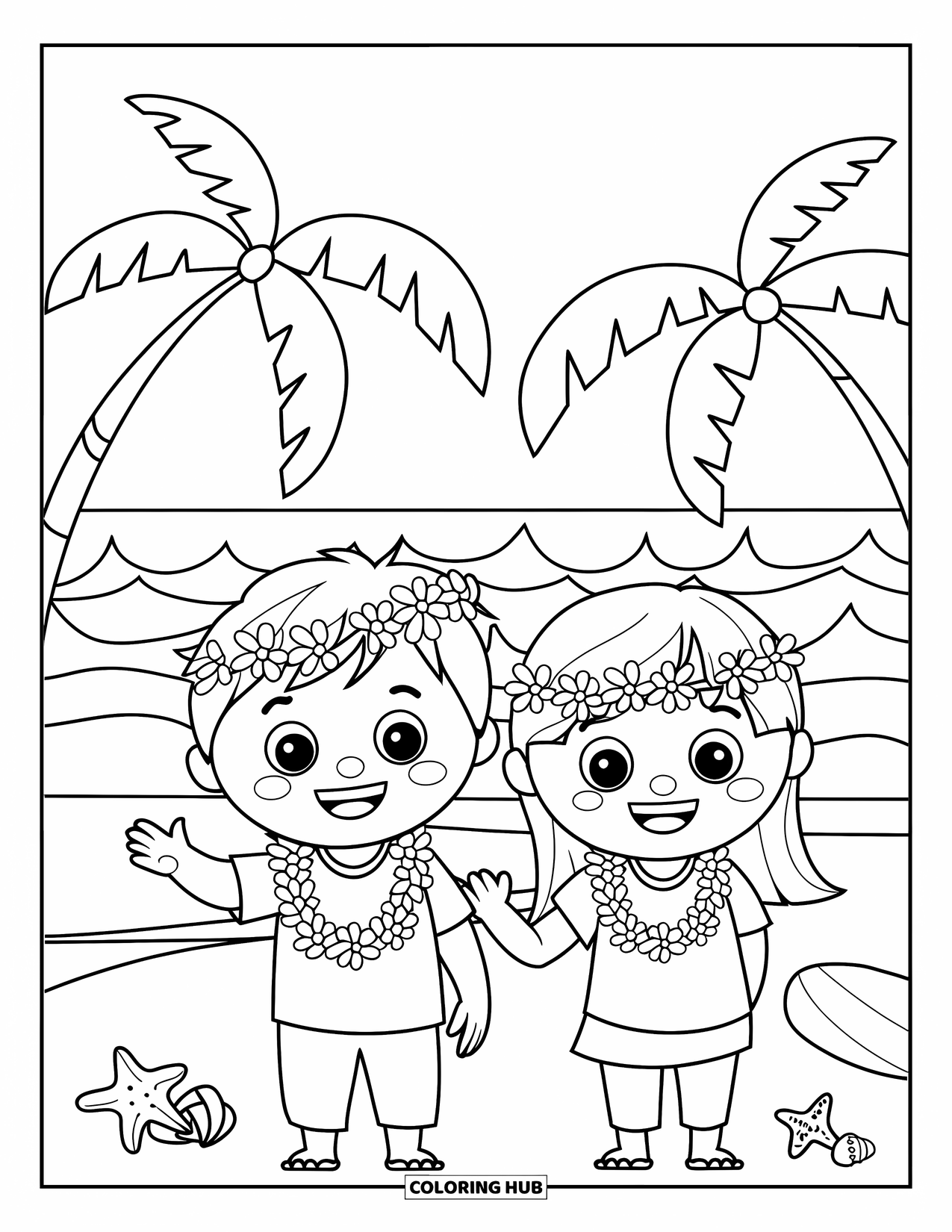 Hawaii Coloring Page for Kids: A cheerful boy and girl wave "Aloha" on the beach with shells and a surfboard nearby