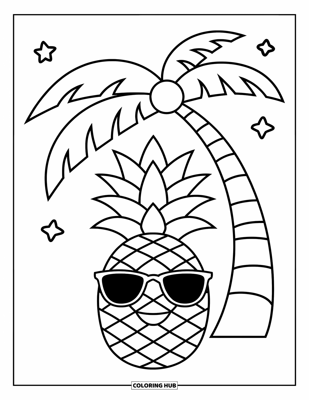Hawaii Coloring Page for Kids: A cheerful pineapple in shades rests under a palm tree with stars in the sky