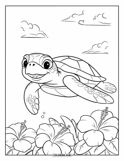 Coloriage Hawaï pour enfants : Une tortue de mer enjouée flotte près des hibiscus sous un ciel bleu et dégagé