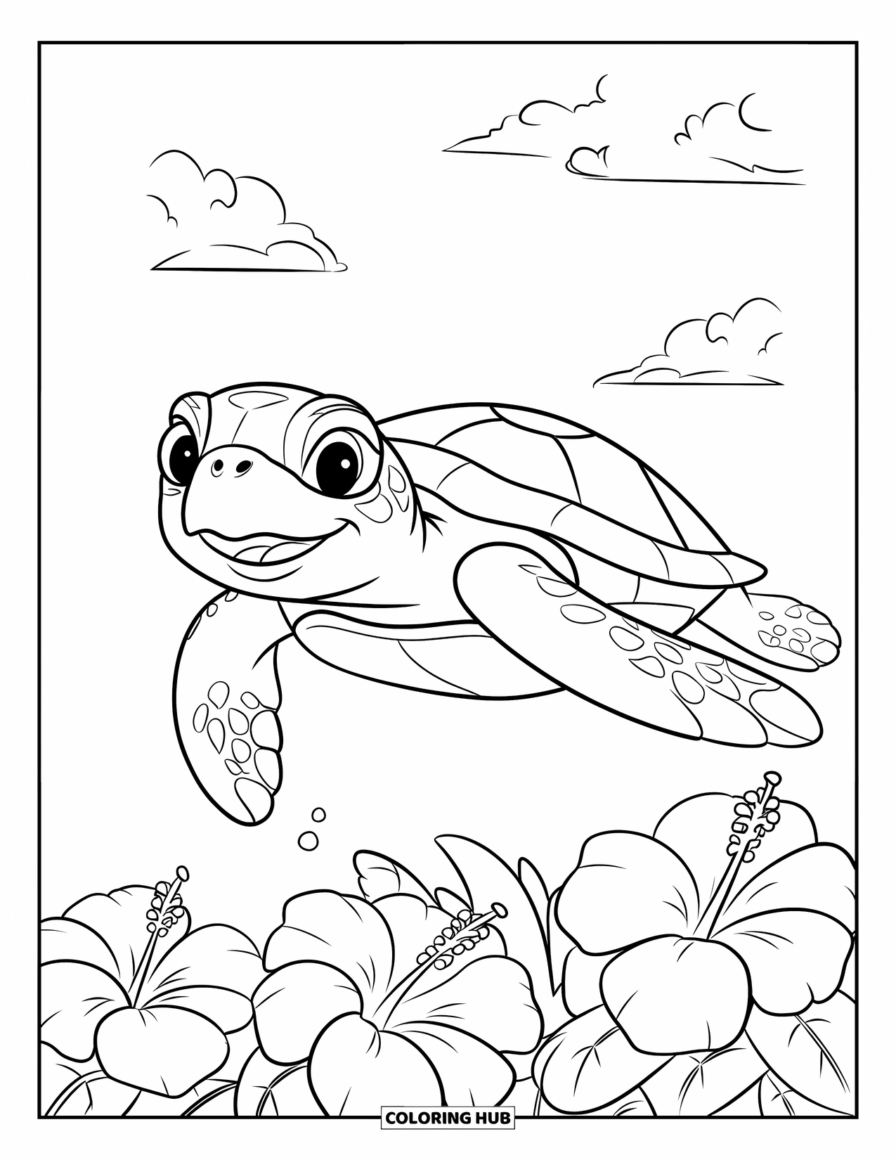Hawaii Coloring Page for Kids: A cheerful sea turtle floats beside hibiscus flowers under a clear, blue sky