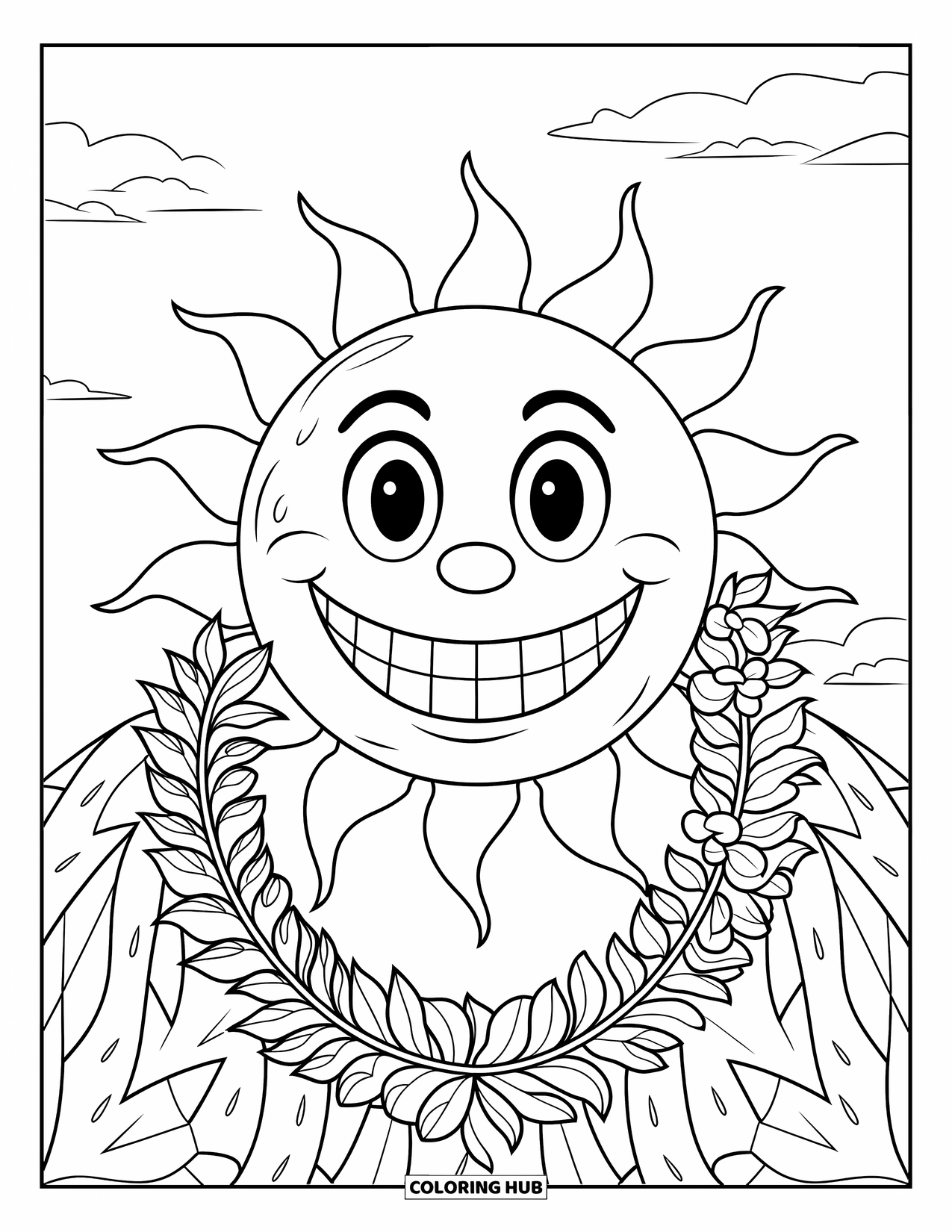 Hawaii Coloring Page for Kids: A cheerful sun with big eyes and a lei smiles under a sky with fluffy clouds